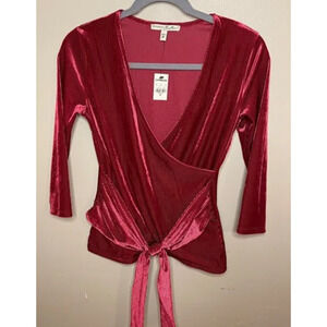 Express One Eleven Red Faux Wrap Velvet Red Blouse Size XS 0-2